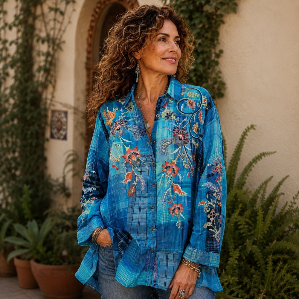 Johnny Was Blue Embroidered Button-Down Shirt